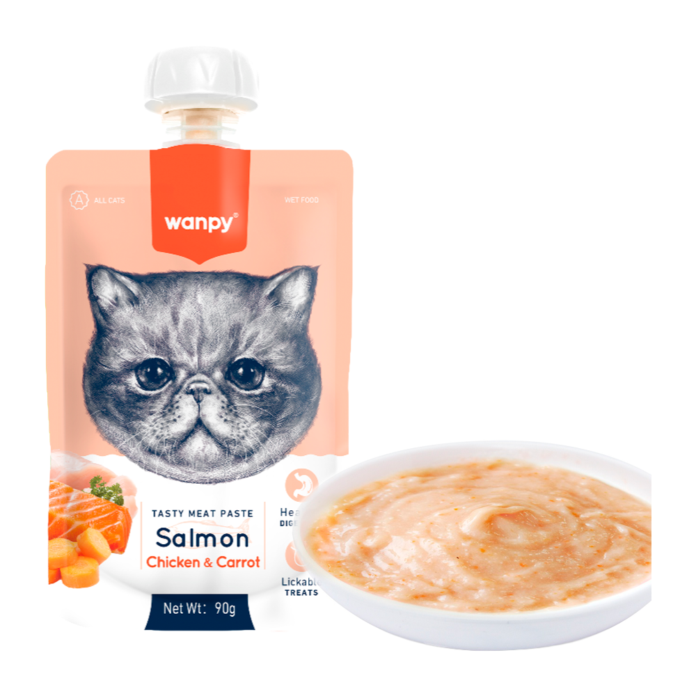 Wanpy Cat Tasty Meat Paste – Lachs mit Huhn und Karotten – 90 g